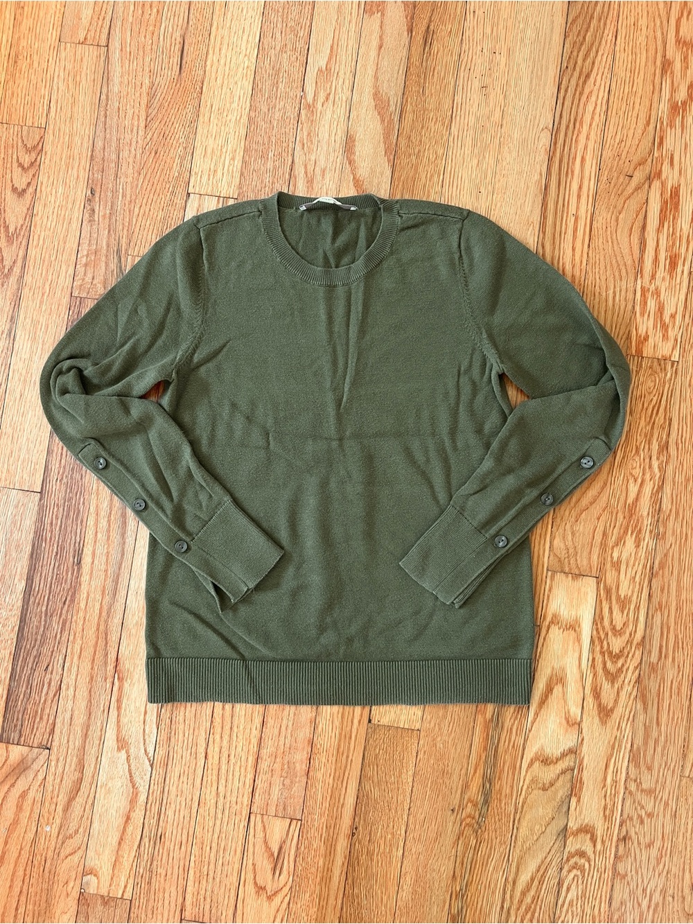 LOFT Olive Crewneck Sweater with Button-Tab Sleeves